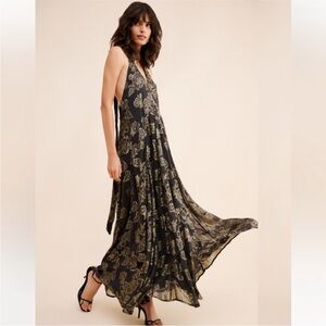 FREE PEOPLE Metallic Holding On Convertible Black Gold Floral Maxi Dress Women M